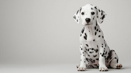 Adorable Dalmatian Puppy Sitting on White Background.