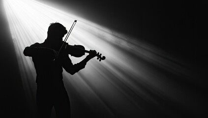 Fototapeta premium Silhouetted violinist plays in spotlight.