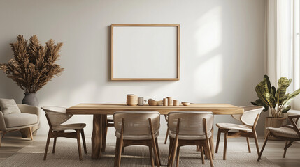 Minimalist Dining Room Interior with Wooden Table and Chairs.