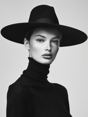 Black and white portrait of a model wearing a black turtleneck sweater, with a hat covering their face.