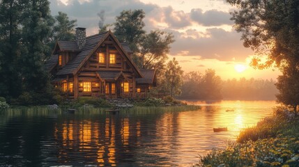 Fototapeta premium A serene lakeside cabin at sunset, reflecting on the water.