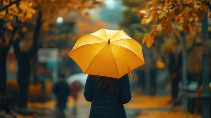Obraz premium the girl with the yellow umbrella walks around the autumn city. Generation of Ai