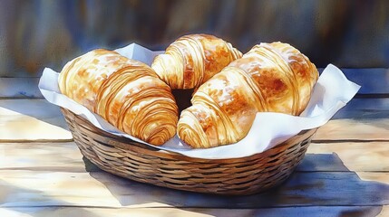 Croissant basket, flaky texture, sunlit cafe, rustic wooden table, watercolor, soft pastels