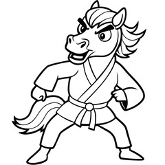 Angry Karate horse White Background line art vector illustration