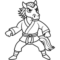 Angry Karate horse White Background line art vector illustration
