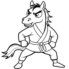 Angry Karate horse White Background line art vector illustration