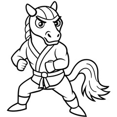 Angry Karate horse White Background line art vector illustration