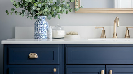 A stylish bathroom vanity showcasing navy blue cabinets, brass hardware, a white countertop, and a decorative vase with greenery, offering a contemporary aesthetic.