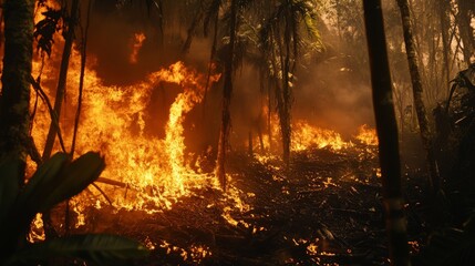 Intense Forest Fire Devouring Tropical Rainforest Amid Thick Smoke