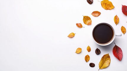 Obraz premium A cup of coffee, autumn leaves on a white background. Top view, space. Generation Ai