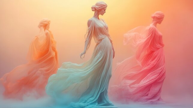 modern reimagining of greek goddess statue soft pastel color palette ethereal glow minimalist background elegant pose