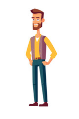 A handsome young man with trimmed hair beard and moustache wearing a shirt pants and a jacket