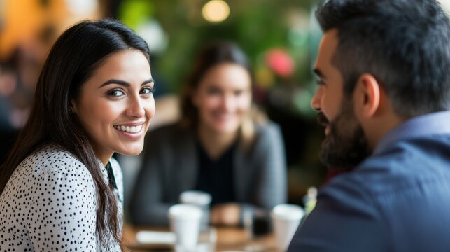 Smiling Woman Enjoying Coffee Date with Man at Cafe