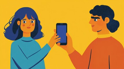 Cheerful Couple Sharing Smartphone on Vibrant Yellow Background