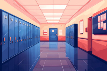 Fototapeta premium A clean, modern illustration of a school hallway featuring blue lockers and classroom doors, set against pastel pink walls. 