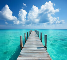 A breathtaking high-resolution photograph capturing the stunning turquoise waters and vibrant sky of the Caribbean Sea. The scene features a rustic wooden pier extending into the crystal-clear 