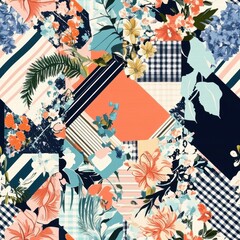 Vibrant Floral Patchwork Design with Geometric Accents