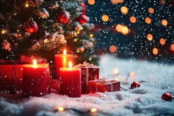 Christmas and New Year holidays background. Christmas tree, gifts and candles on the snow with generative ai