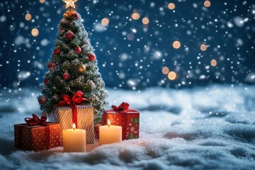 Christmas and New Year holidays background. Christmas tree, gifts and candles on the snow with generative ai