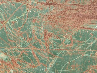 Rusted and Scratched Painted Metal Background in a Rust and Blue Green Color