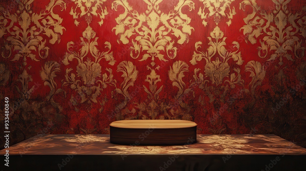 Poster luxurious venetian damask pattern in deep red with a wooden box on a table setting, capturing elegan