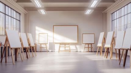 A bright and spacious art studio filled with natural light, featuring multiple easels holding blank canvases ready for creativity, creating an inspiring environment for artists.
