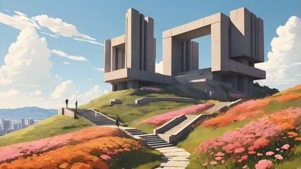 Brutalist monument on a flower covered hill on a sunny day