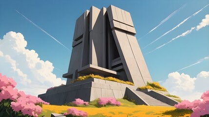 Brutalist monument on a flower covered hill on a sunny day