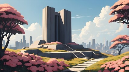 Brutalist monument on a flower covered hill on a sunny day