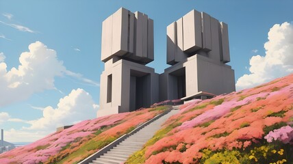 Brutalist monument on a flower covered hill on a sunny day