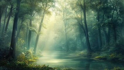 Obraz premium A tranquil river flows through a misty forest.