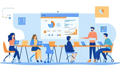 A group of people at a meeting reviewing data.