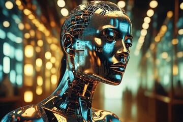 Futuristic Robot Head in Technological Environment