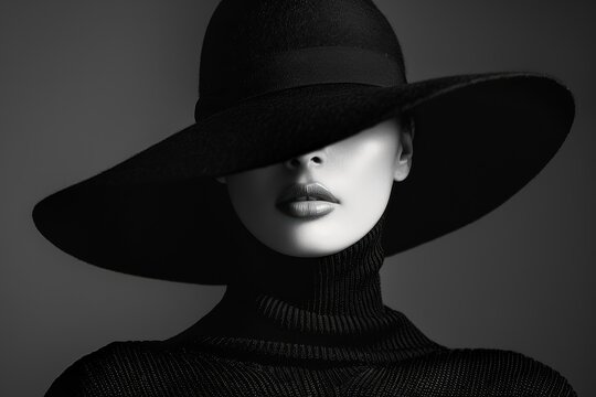 Fototapeta Black and white portrait of a model wearing a black turtleneck sweater, with a hat covering their face.