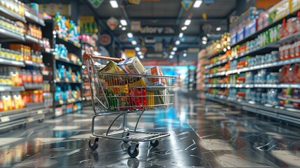 Abandoned Cart in Grocery Aisle. Empty shopping cart left in the colourful grocery store aisle.