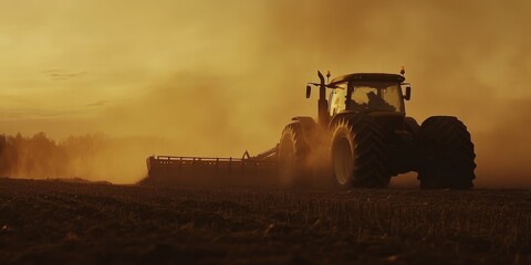 Fototapeta premium Tractor working in a dusty field at dawn, creating a dramatic silhouette against the morning sky