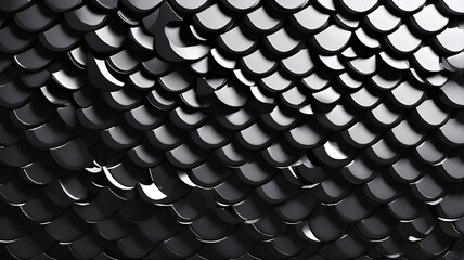 Fish Scale, 3D Mosaic Tiles arranged in the shape of a wall. Semigloss, Black, Blocks stacked to create a Futuristic block background. 3D Render