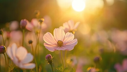 Pink flower field with sun shining through.