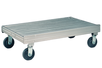 A sturdy metal platform on wheels, ideal for transporting heavy items effortlessly in various settings.