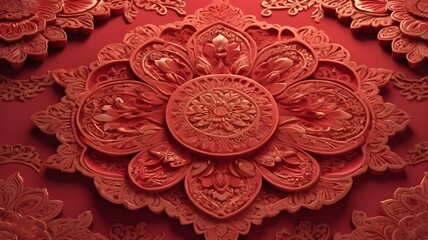 Red Surface with Extruded Ornamental Design. 3D Diwali Celebration Wallpaper