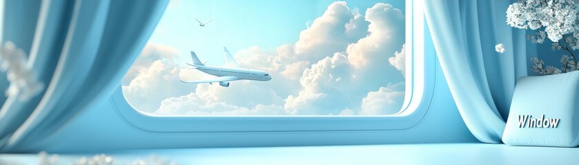Fototapeta premium Dreamy Plane Window View with Cute 3D Elements and Serene Typography Illustration