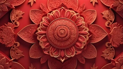 Red Surface with Extruded Ornamental Design. 3D Diwali Celebration Wallpaper