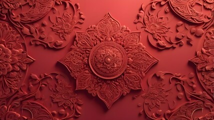 Red Surface with Extruded Ornamental Design. 3D Diwali Celebration Wallpaper