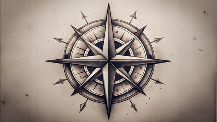 Detailed Compass Rose Tattoo Design in Black and Gray on Vintage Background
