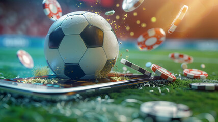 football ball  a mobile phone and coins  casino chips.