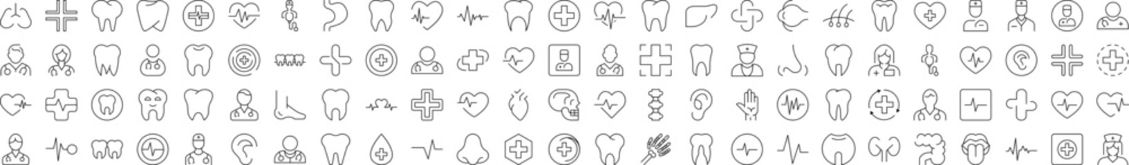 Medical Cross, Doctor, Tooth, Internal Organs, Clinic Line Icon Collection. Editable Stroke. Minimalistic Linear Pictogram for Design of Cards, Apps, Banners, Posts