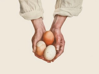 A pair of hands gently cradling organic free-range eggs, with subtle watercolor shades emphasizing their delicate, natural textures