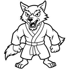 Angry Karate wolf White Background line art vector illustration