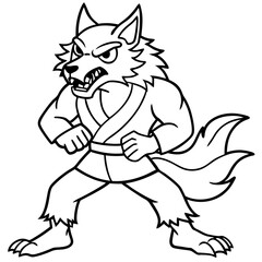 Angry Karate wolf White Background line art vector illustration