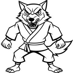 Angry Karate wolf White Background line art vector illustration